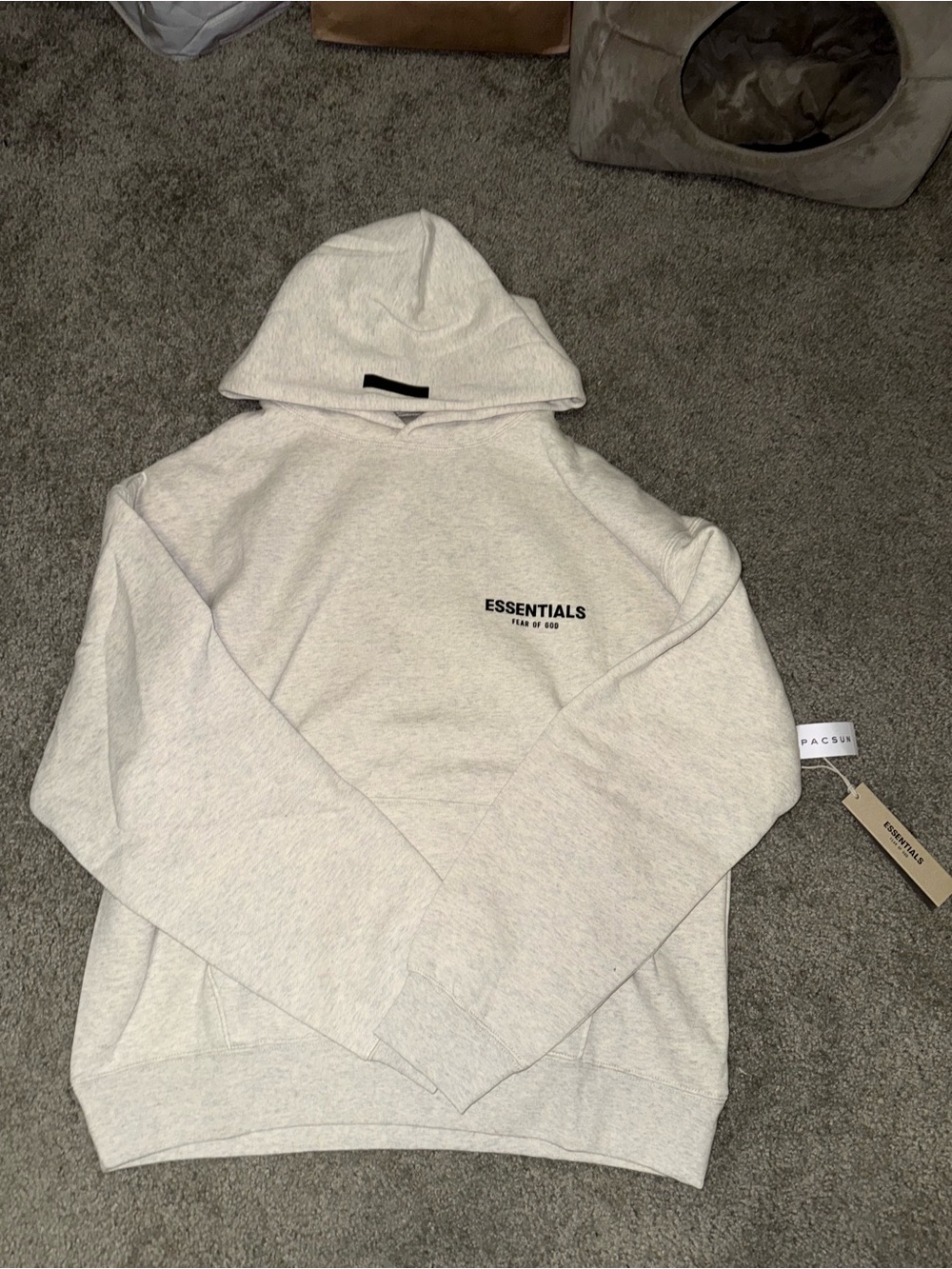 Essentials Men’s Heather Light Grey Hoodie with Black Logo